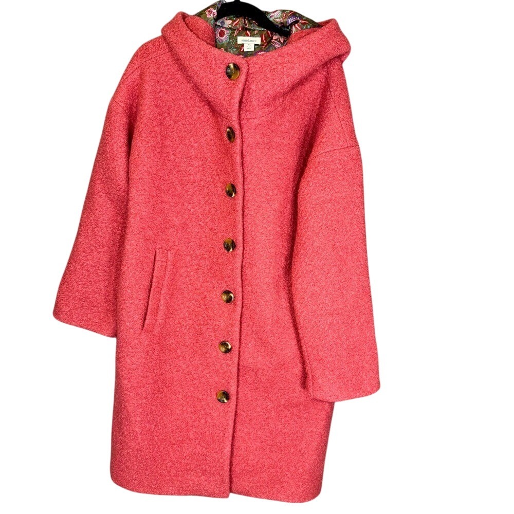 Sundance Vibrant Living Wool Blend Hooded Pea Coat Pink Bouclé Floral Lined XS